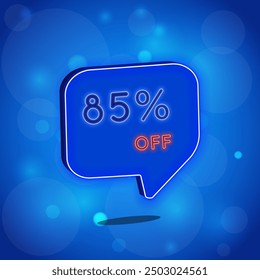 85%. eighty-five percent off. neon style. Selling special offers. A neon style balloon advertisement for a shopping day retail advertising campaign. blue background with polka dots. vector illustratio