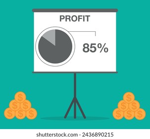 85% financial profit pizza chart. Financial growth slide, technological presentation, earning money and increasing investments svg