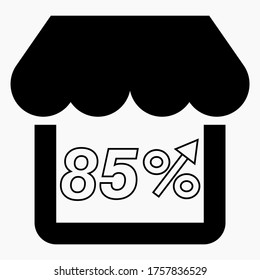 Aumento del 85% en las ventas de tiendas. Edificio de la tienda y aumento de porcentaje en un fondo blanco. Crecimiento de las ventas en el supermercado. Icono de vector