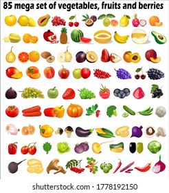 85 mega set of vegetables, fruits and berries on a white background