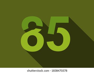 85 Number with long shadow, green colors cutting style. For logo, brand label, design elements, corporate identity, application & more. Vector editable illustration.