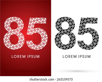 85 ,Number, Modern font, designed using white and black triangle geometric shape. on red and white background, ,logo, symbol, icon, graphic, vector.