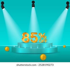 85% off 3D gold. 85% off special offer. podium with blue background. big business, perfect for flyers, banners, ads, stickers..