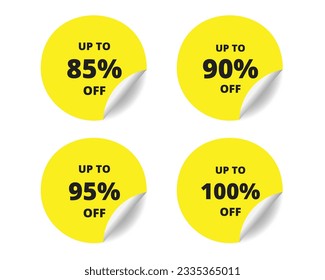 85% de descuento, 90, 95, 100% de signo de emoticones redondos. conjunto de banner de etiqueta adhesiva de círculo, ilustración vectorial de símbolo de placa