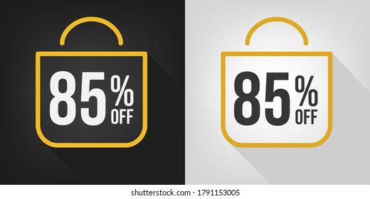 85% off. Black, white and yellow banner with eighty-five percent discount. Shopping bag concept vector.
