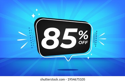 85% off. Blue banner with eighty-five percent discount on a black balloon for mega big sales.