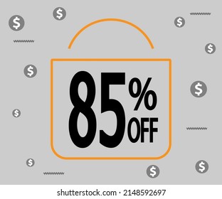 85% off. Dark banner for stores and promotions. Shopping bag