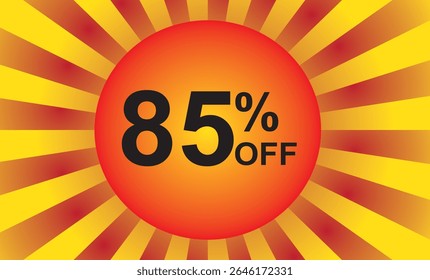 Desconto de 85%. Desconto no seu preço. Número em cor preta e plano de fundo composto por um elemento gráfico que representa um sol com raios em vermelho e amarelo.eps
