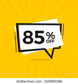 85% off. Discount 85 percent. Yellow banner with floating balloon for promotions and offers.