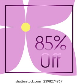 85 % Rabatt. Rabatt. violetter Rahmen mit metallischer Wirkung. Lilac Blume im Hintergrund.