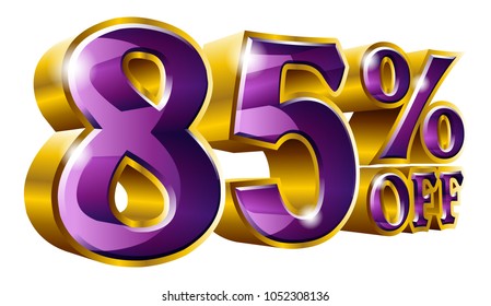 85% off - Eighty five percent off discount gold and purple sign. Vector illustration. Special Offer 85 % Off Discount Tag. Ideal for Sticker, Banner, Advertising, TV Commercial and any Decoration.