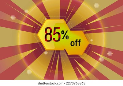 85 % Rabatt, 85 % Rabatt. Coupon, Angebot, gelbe geometrische Form, roter Hintergrund mit Strahlen von hellen.eps