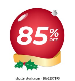85% off. Eighty-five percent discount. Christmas sale banner. Red bubble with ornaments on a white background vector.