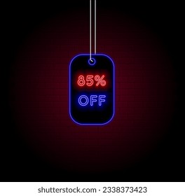 85% de descuento. ochenta y cinco por ciento de descuento. estilo neón. mejor venta de fin de semana. Oferta especial. tiempo limitado. ilustración del vector neon. fondo de ladrillos. Rojo y negro.