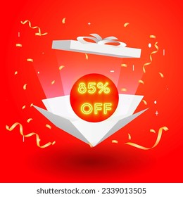 85% off. eighty-five percent off. neon. Special offer and discount sale in red color. White open gift box with percent sign in neon style golden color. vector illustration