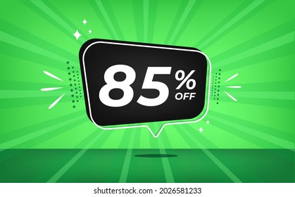 85% off. Green banner with eighty-five percent discount on a black balloon for mega big sales.