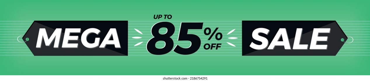 85% off. Horizontal green banner. Advertising for Mega Sale. Up to eighty-five percent discount for promotions and offers.