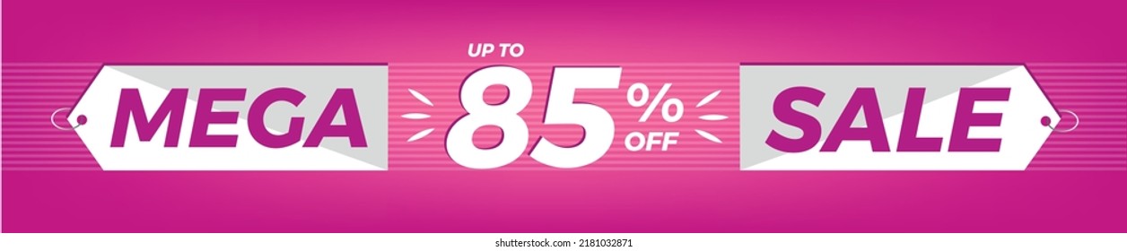 85% off. Horizontal pink banner. Advertising for Mega Sale. Up to eighty-five percent discount for promotions and offers.