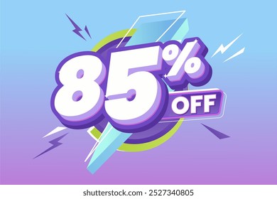 85% Off Promoção com negrito branco e roxo texto 3D, cercado por formas de relâmpago dinâmico, definido em um gradiente vibrante azul para roxo fundo. Perfeito para eventos de venda.