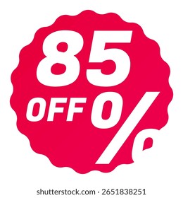 85% Off Round starbursts zigzag shape sales badge icon in red color, Shopping label concept for sales tags. Colorful flat design for app ads web button ui ux elements isolated on white background