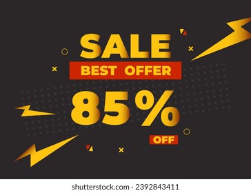 85% off sale best offer. Sale banner with eighty five percent of discount, coupon or voucher vector illustration. Yellow and red template for campaign or promotion.