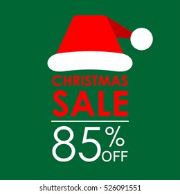 85% off sale. Christmas sale banner and discount design template with Santa Claus hat. Vector illustration.
