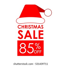 85% off sale. Christmas sale banner and discount design template with Santa Claus hat.