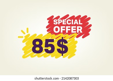 85$ OFF Sale Discount banner shape template. Super Sale 85 Dollar Special offer badge end of the season sale coupon bubble icon. Modern concept design. Discount offer price tag vector illustration. svg