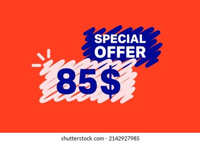 85$ OFF Sale Discount banner shape template. Super Sale 85 Dollar Special offer badge end of the season sale coupon bubble icon. Modern concept design. Discount offer price tag vector illustration. svg