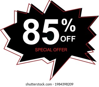85% off special offer. Banner with eighty-five percent discount on a black and red balloon.