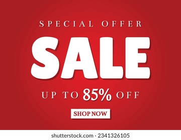 85% off. Special offer sale banner, up to 85% off shop now. Sale banner for social media template isolated on red background