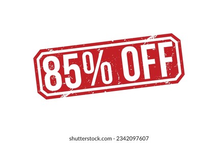 85% Sello de goma roja con sello de apagado sobre fondo blanco. 85% de señal de despido. 85% de sellos de apagado.