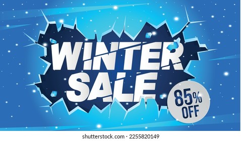 85% off. Winter banner with eighty-five percent discount on a blue balloon for winter sales.