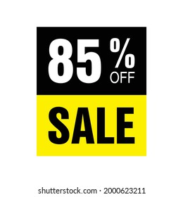 85% de descuento. Banner amarillo y negro con 85 por ciento de descuento para megaventas.