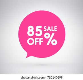 85% offer label sticker, sale discount price tag. Vector illustration tag, label design with stylish pink color for your trendy design discount campaign promotion in several occasional season sale.