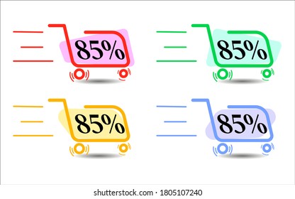 85 percent discount. A bargain cart at speed. Vector illustrator.