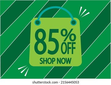 85 percent discount. 85% off discount green banner with floating bag for promotions and offers.