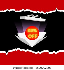 85 percent discount. Discount on creative composition. Golden sale symbol. gift box. Sale banner and poster. vector illustration. neon style.