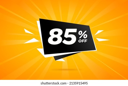 85 percent discount. Yellow banner with floating balloon for promotions.