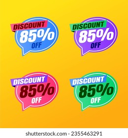 85 percent discount yellow banner with blue, purple, pink, green balloon for offers and promotions sales.