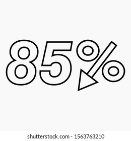 85 percent drop dark icon on a white background.  Price drop. Interest rate reduction. Stock symbol. Discount. Markdown of goods. Bonus discount. Vector icon.