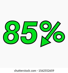 The 85 percent drop green icon.  Price drop. Interest rate reduction. Stock symbol. Discount. Markdown of goods. Bonus discount. Vector icon.