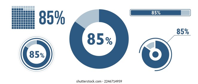 85 percent loading data icon set. Eighty-five circle diagram, pie donut chart, progress bar. 85% percentage infographic. Vector concept collection, blue color.