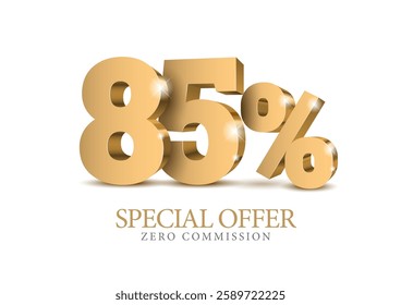 85 percent number. Ten number in gold 3d. Poster template for discount forty percent, sale discount, work progress. Vector illustration