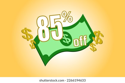 85 percent off. Banner with banknote and dollar sign svg