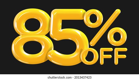 85 percent Off. Discount creative composition of golden or yellow balloons. 3d mega sale or eighty five percent bonus symbol on black background. Sale banner and poster. Vector illustration.