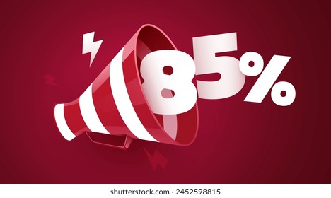 85 percent off. Sale banner with 3D megaphone. Vector illustration