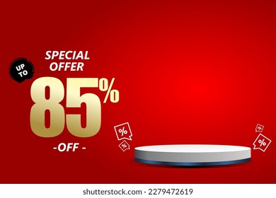 85 percent off sale isolated gold red sticker icon with podium. can used for business store.