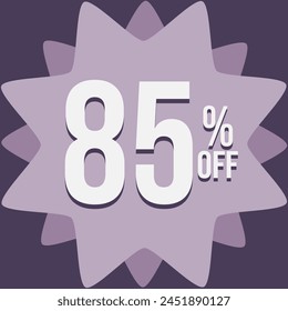 85 percent off in white, in a light pink format with a dark purple background
