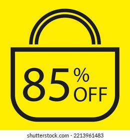 85 percent off. Yellow banner with shopping bag illustration.
